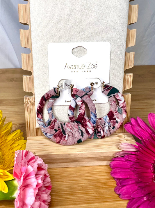 Pink Floral Fabric Hoop Earring