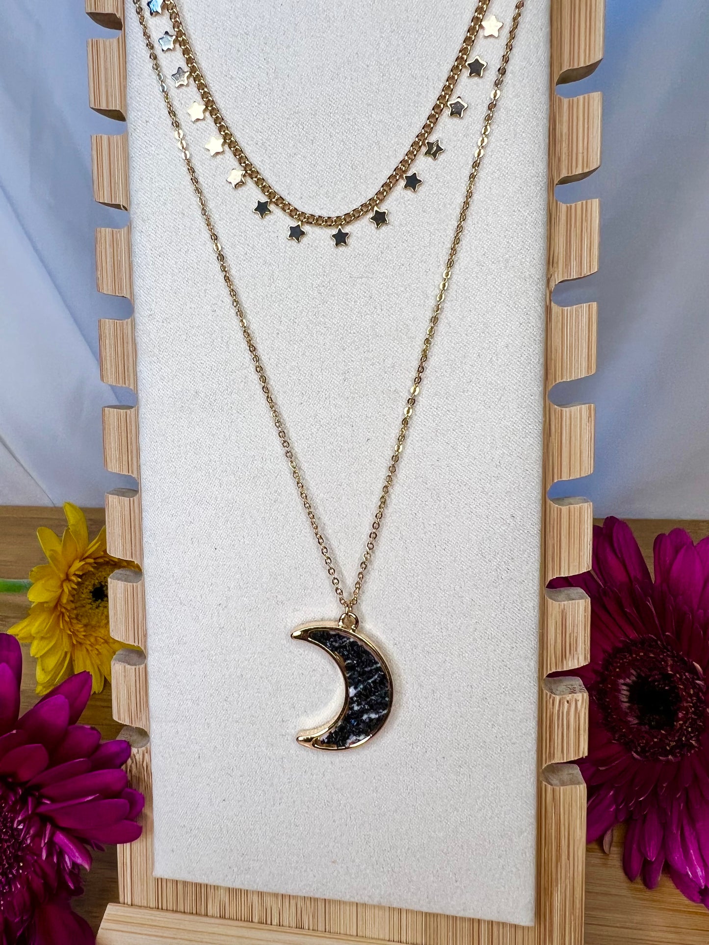 Layered Stars and Crescent Moon - Black