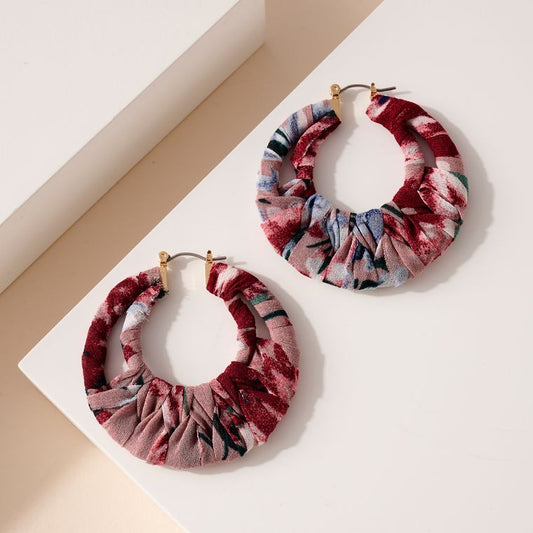 Pink Floral Fabric Hoop Earring